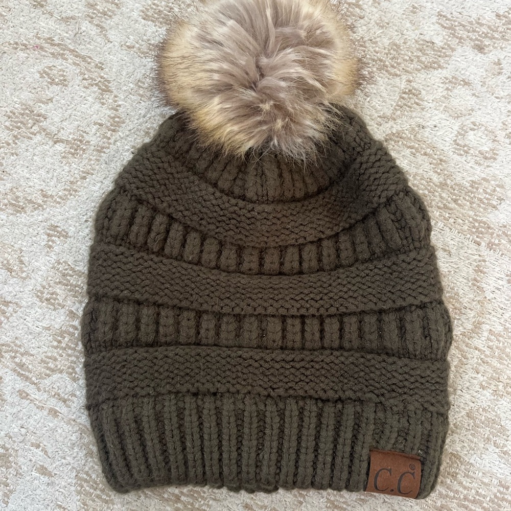 CC Knit Beanie with Faux Fur Pom